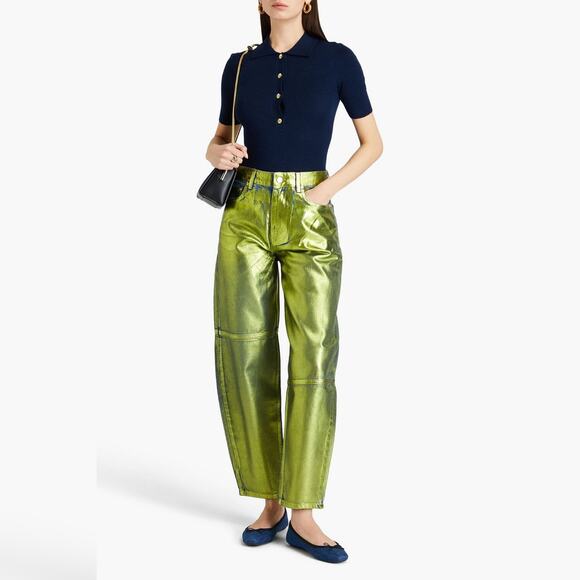GANNI $375 Green Foil Stary Barrel Leg Jeans organic cotton.